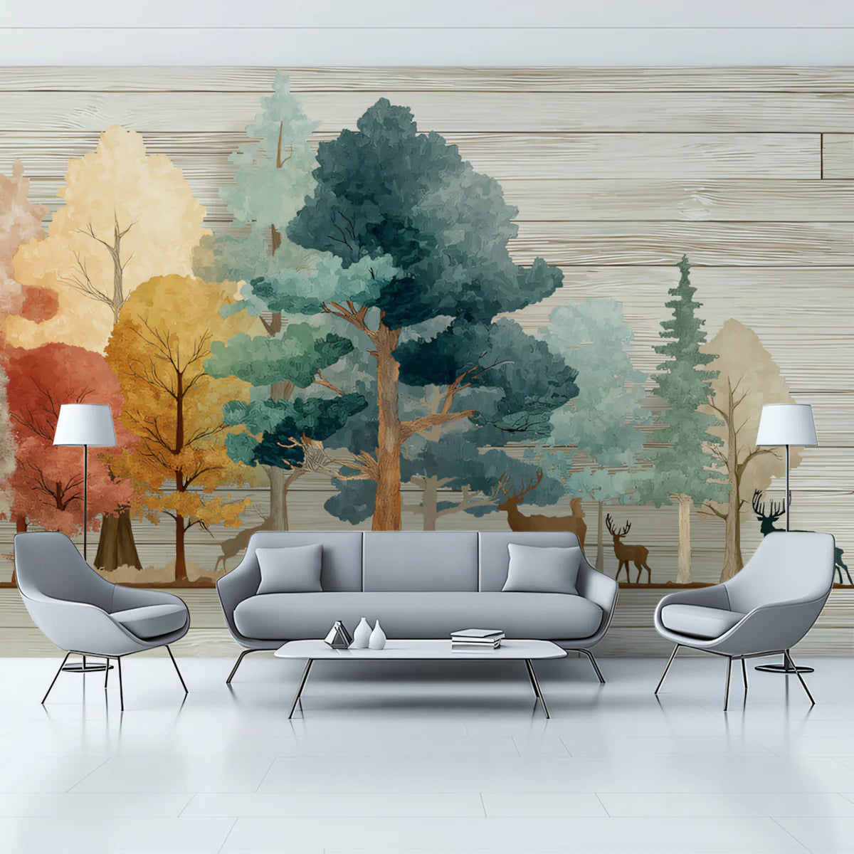 Rustic Autumn Woodland Deer Mural Wallpaper with Wood Grain Texture Mural Wallpaper - pure wallpaper artwork
