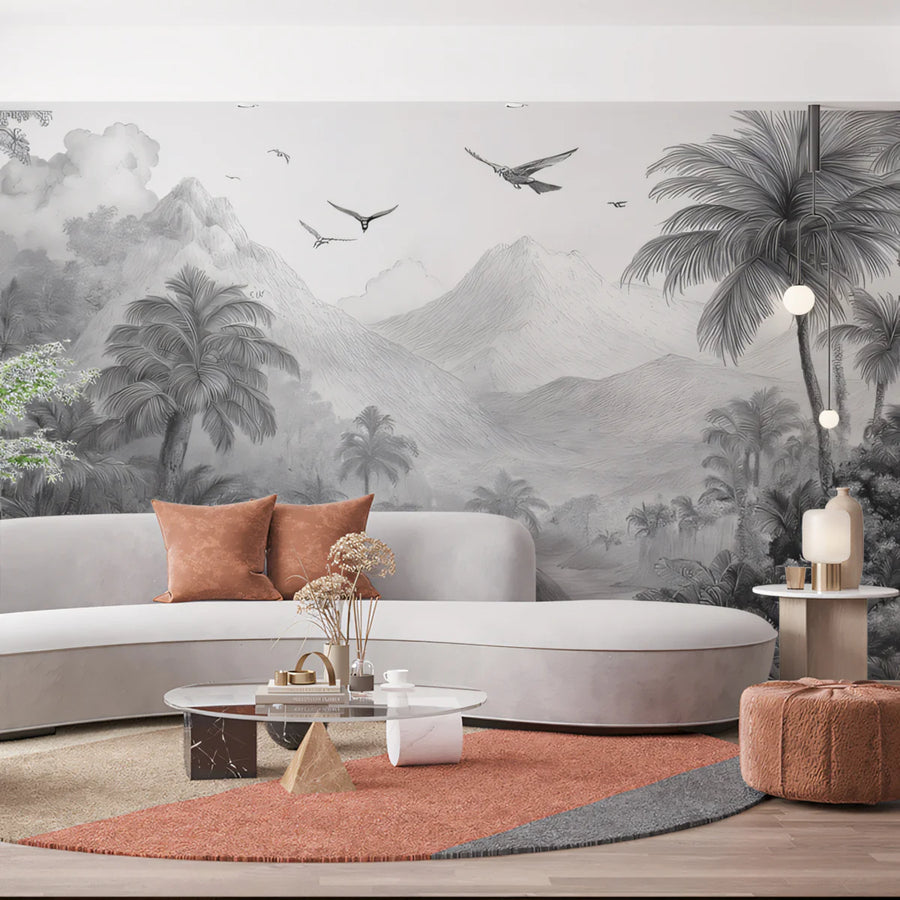 Monochrome Jungle Landscape Mural Wallpaper — Minimalist Sketch Style Mural Wallpaper