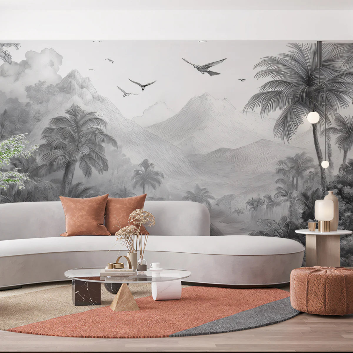 Monochrome Jungle Landscape Mural Wallpaper — Minimalist Sketch Style Mural Wallpaper - pure wallpaper artwork