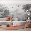 Monochrome Jungle Landscape Mural Wallpaper — Minimalist Sketch Style Mural Wallpaper - pure wallpaper artwork