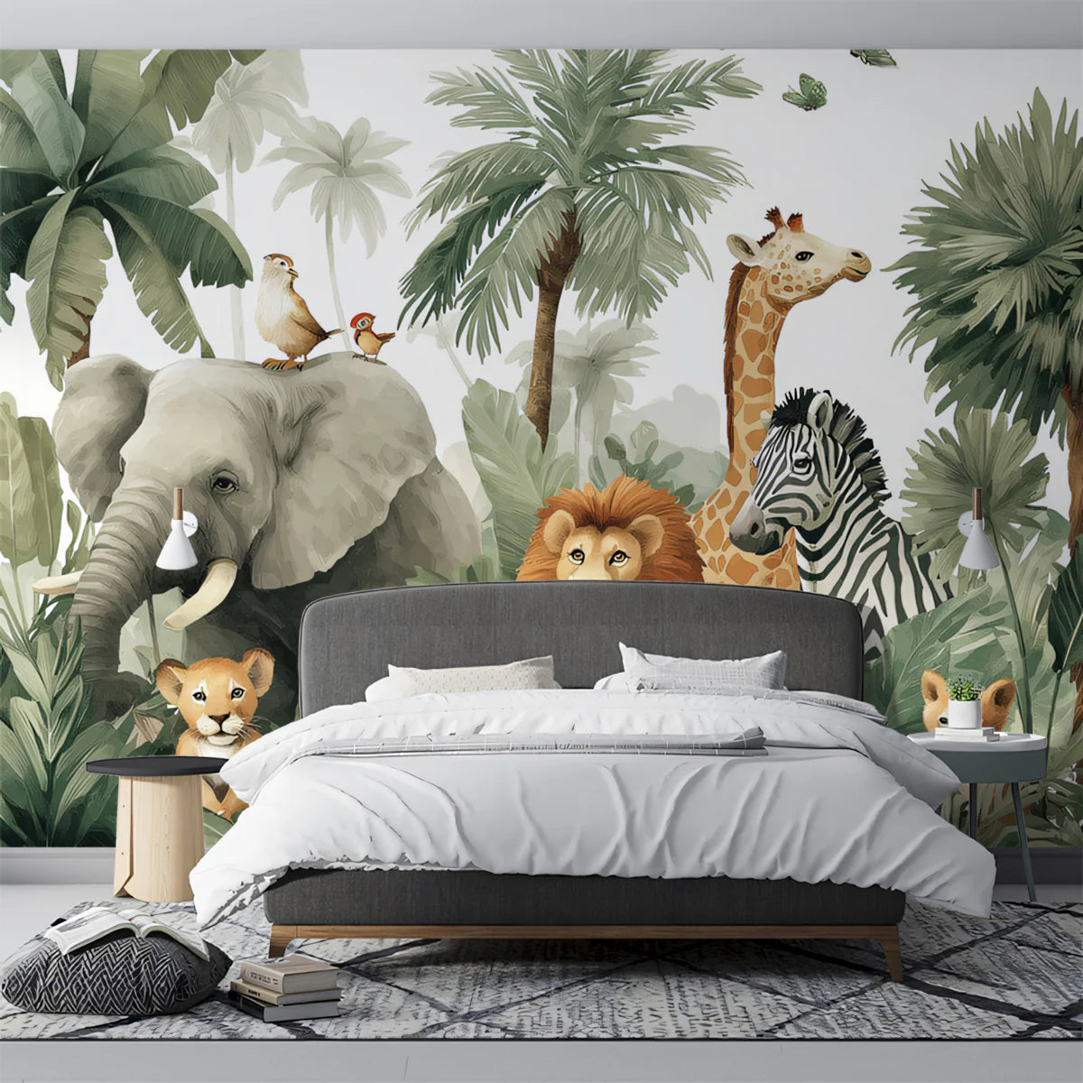 Safari Friends Mural Wallpaper — Playful Jungle Animal Illustration Mural Wallpaper - pure wallpaper artwork