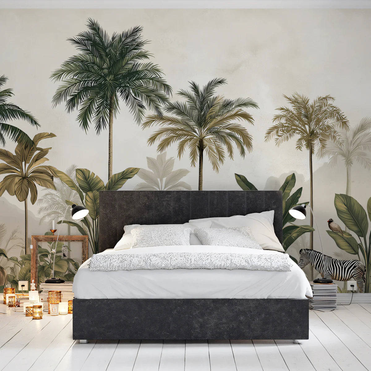 Vintage Palm & Safari Mural Wallpaper — Muted Earthy Landscape Mural Wallpaper - pure wallpaper artwork