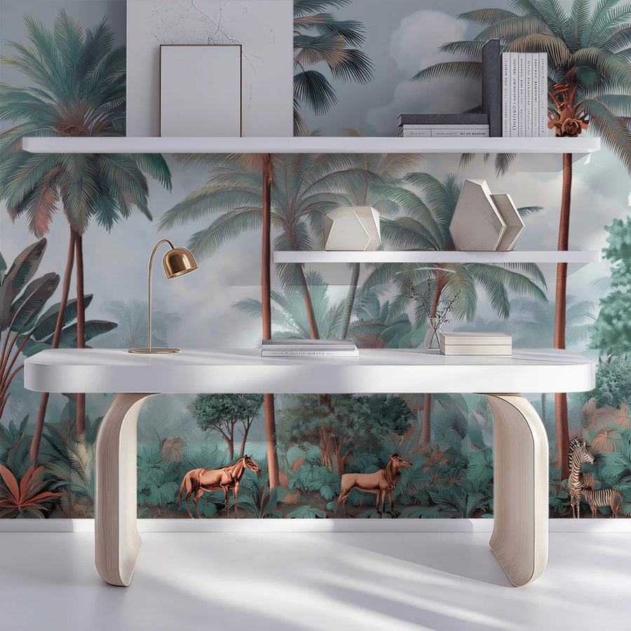Vintage Tropical Wildlife Mural Wallpaper — Mist Forest Landscape Mural Wallpaper