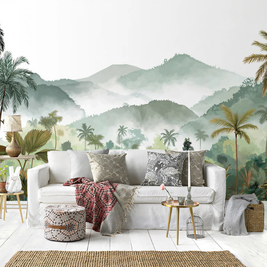 Misty Tropical Mountain Mural Wallpaper — Watercolor Landscape Mural Wallpaper