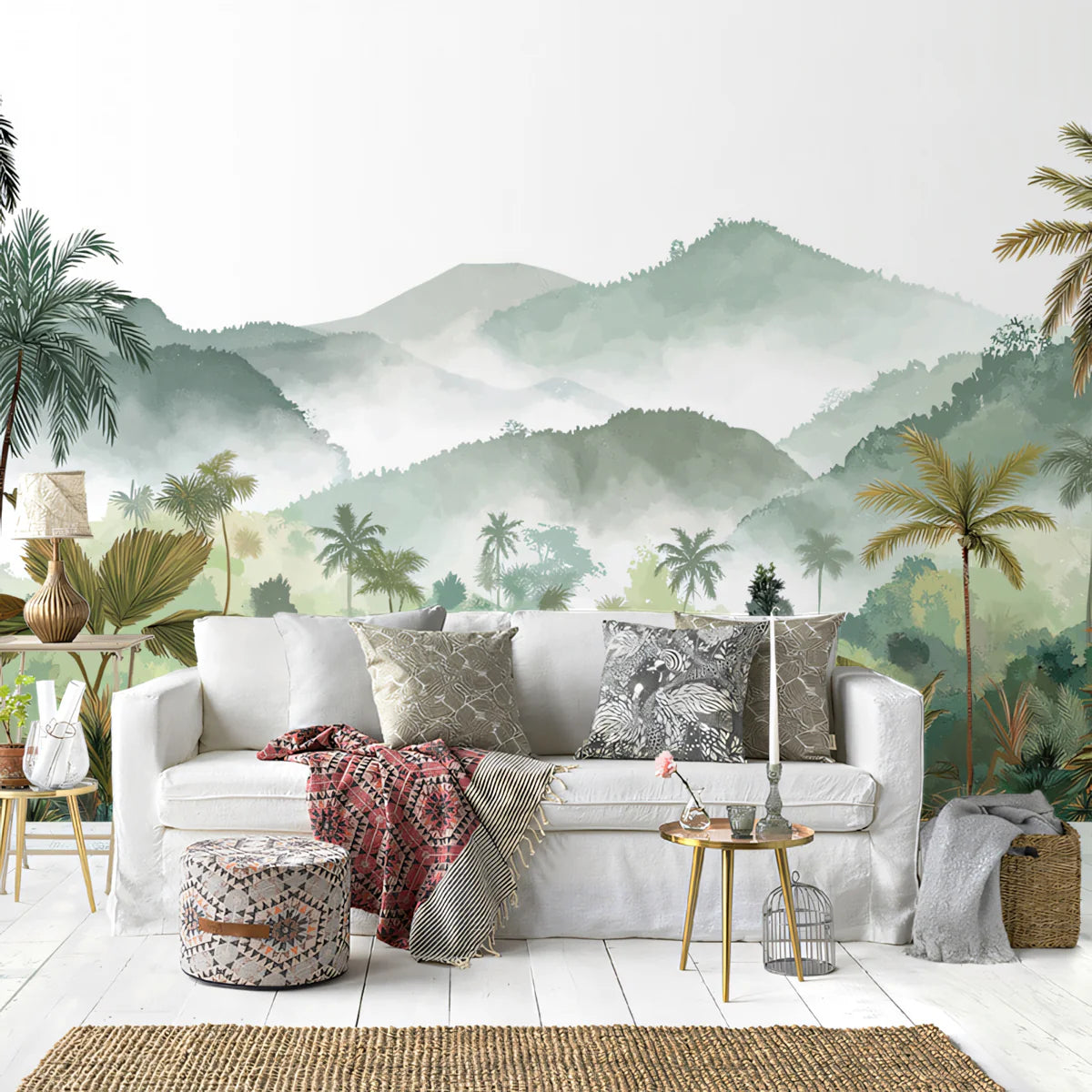Misty Tropical Mountain Mural Wallpaper — Watercolor Landscape Mural Wallpaper - pure wallpaper artwork
