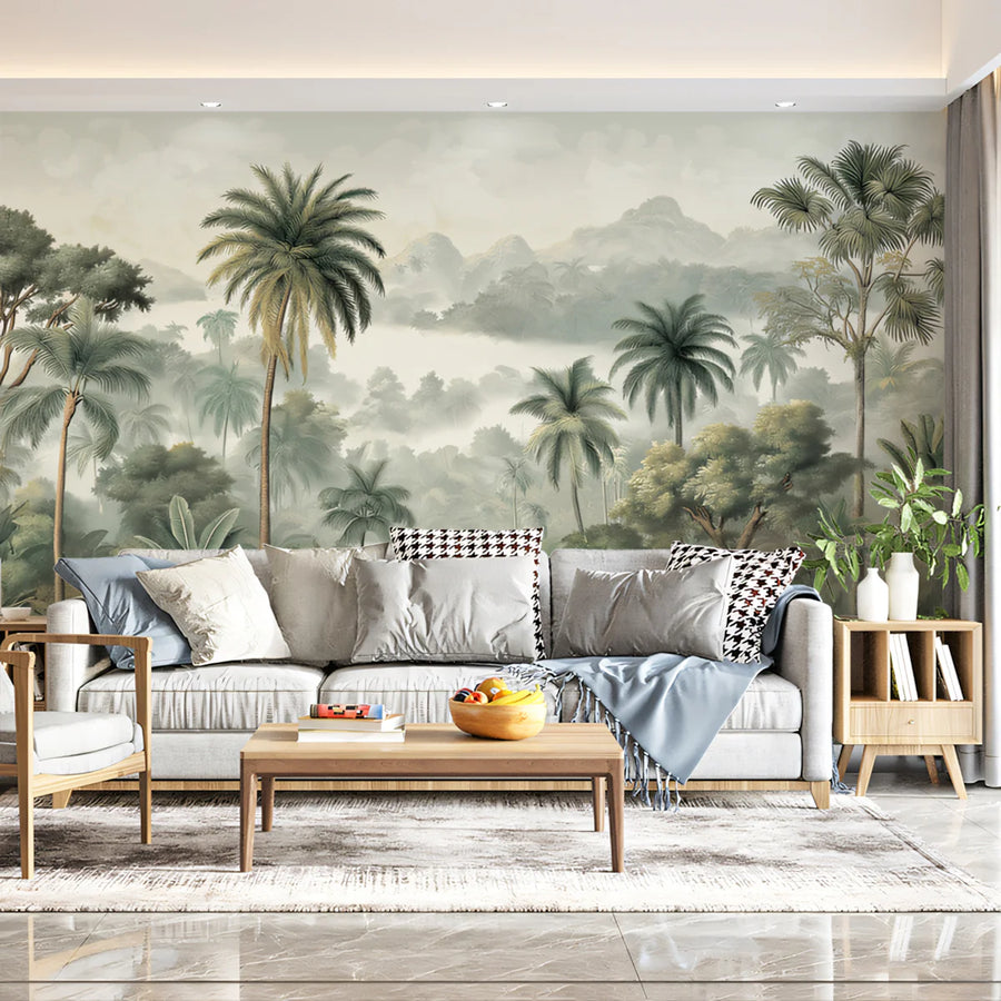 Mist-Covered Tropical Jungle Mural Wallpaper Wildlife Landscape Mural Wallpaper