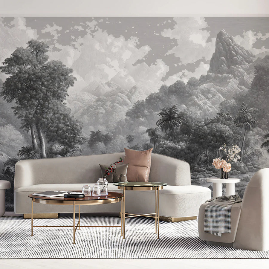 Monochrome Jungle Landscape Mural Wallpaper — Detailed Scenic Art Mural Wallpaper