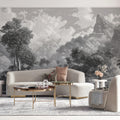 Monochrome Jungle Landscape Mural Wallpaper — Detailed Scenic Art Mural Wallpaper - pure wallpaper artwork