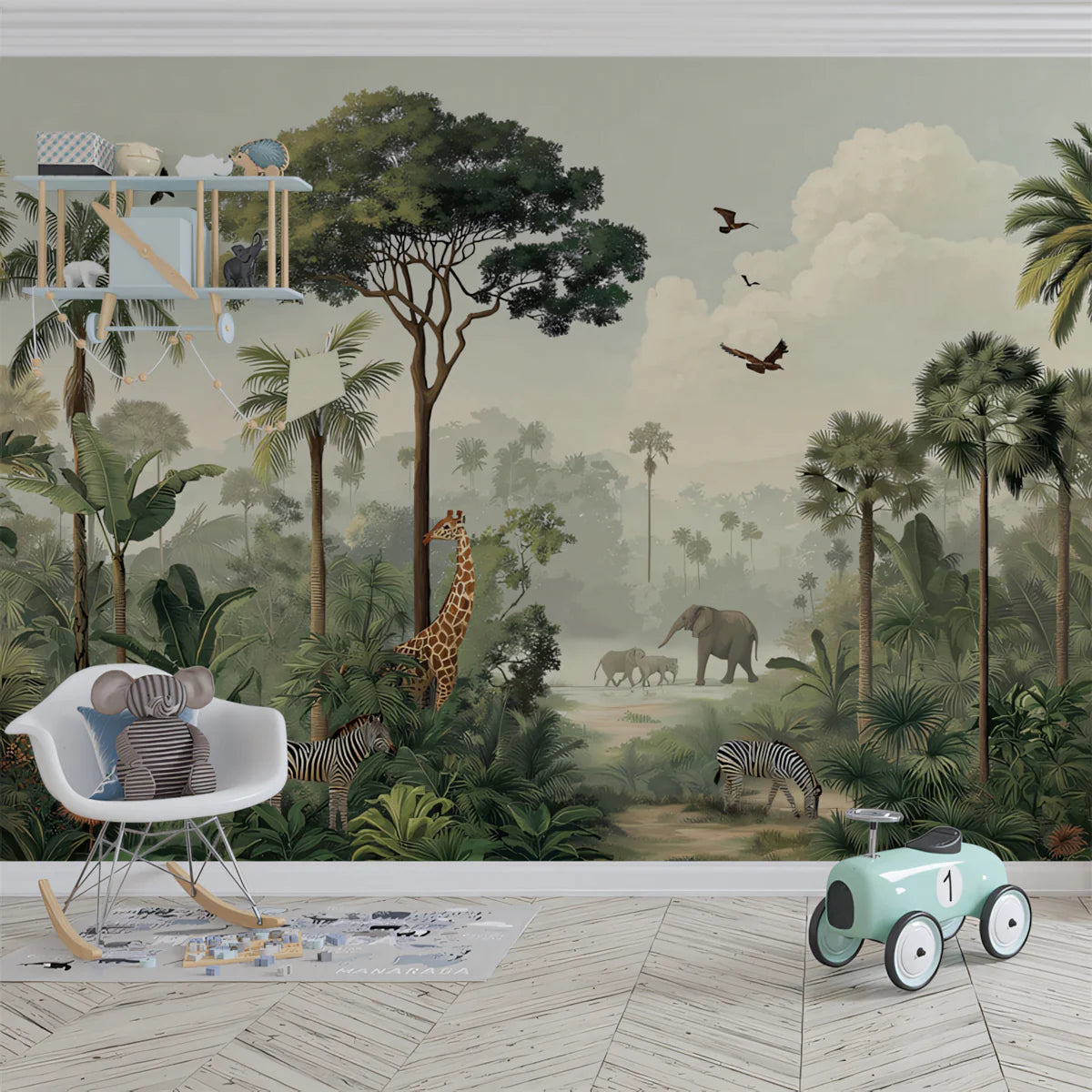 Vintage Tropical Safari Mural Wallpaper — Muted Jungle Landscape Mural Wallpaper - pure wallpaper artwork