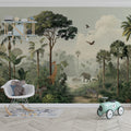 Vintage Tropical Safari Mural Wallpaper — Muted Jungle Landscape Mural Wallpaper - pure wallpaper artwork