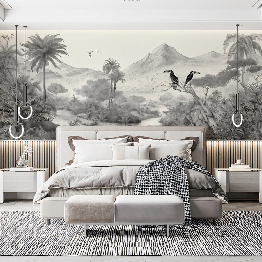 Monochrome Jungle Toucan Landscape Mural Wallpaper