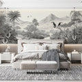 Monochrome Jungle Toucan Landscape Mural Wallpaper - pure wallpaper artwork