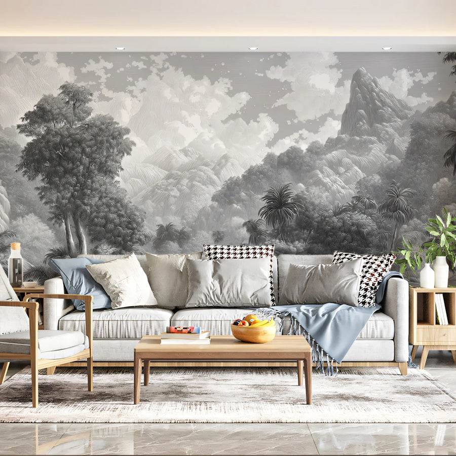 Monochrome Jungle Landscape Mural Wallpaper — Detailed Mountain View Mural Wallpaper