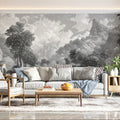Monochrome Jungle Landscape Mural Wallpaper — Detailed Mountain View Mural Wallpaper - pure wallpaper artwork