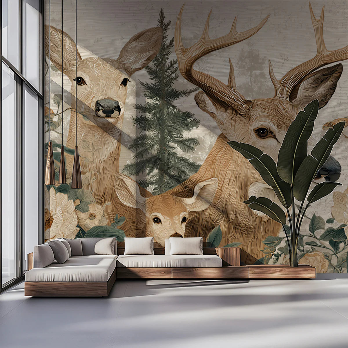 Rustic Deer and Floral Woodland Mural Wallpaper - pure wallpaper artwork