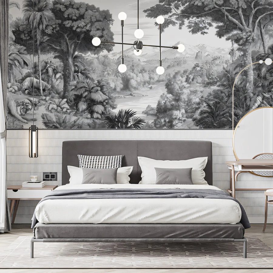 Monochrome Jungle Landscape Mural Wallpaper with Elephants Mural Wallpaper