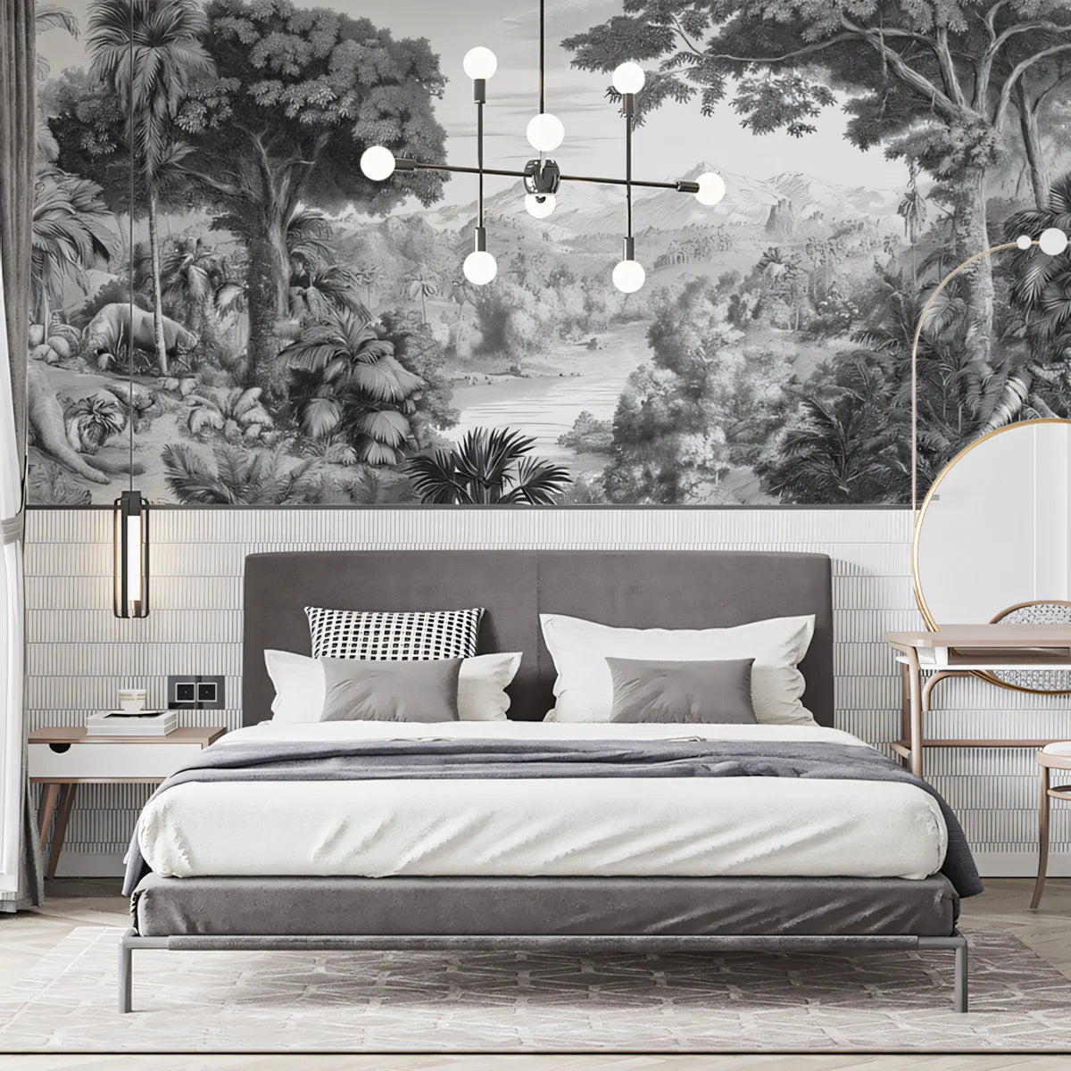 Monochrome Jungle Landscape Mural Wallpaper with Elephants Mural Wallpaper - pure wallpaper artwork