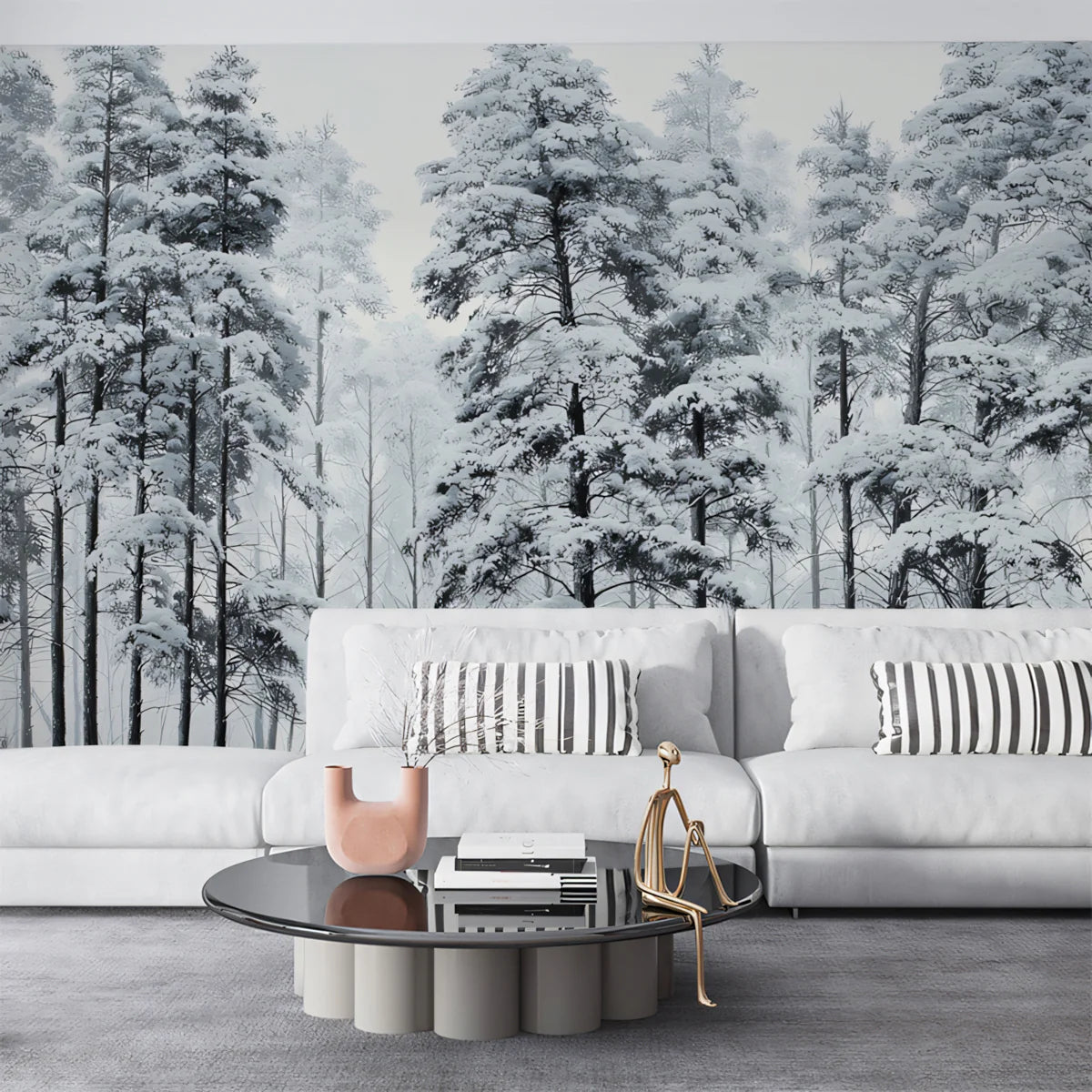 Snowy Pine Forest Mural Wallpaper — Monochrome Winter Landscape Mural Wallpaper - pure wallpaper artwork