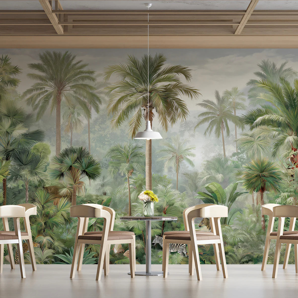 Jungle Oasis Mural Wallpaper — Misty Palm and Wildlife Scene Mural Wallpaper - pure wallpaper artwork