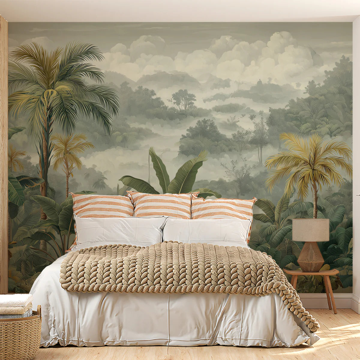 Misty Tropical Mountain Mural Wallpaper — Vintage Botanical Landscape Mural Wallpaper - pure wallpaper artwork