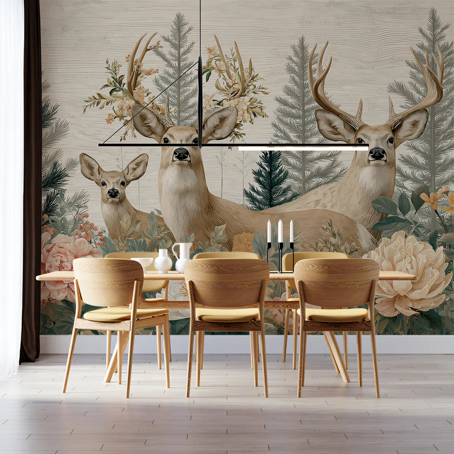 Rustic Deer and Floral Meadow Mural Wallpaper — Woodland Charm Mural Wallpaper