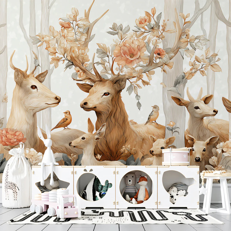 Floral Deer Meadow Mural Wallpaper — Whimsical Woodland Design Mural Wallpaper