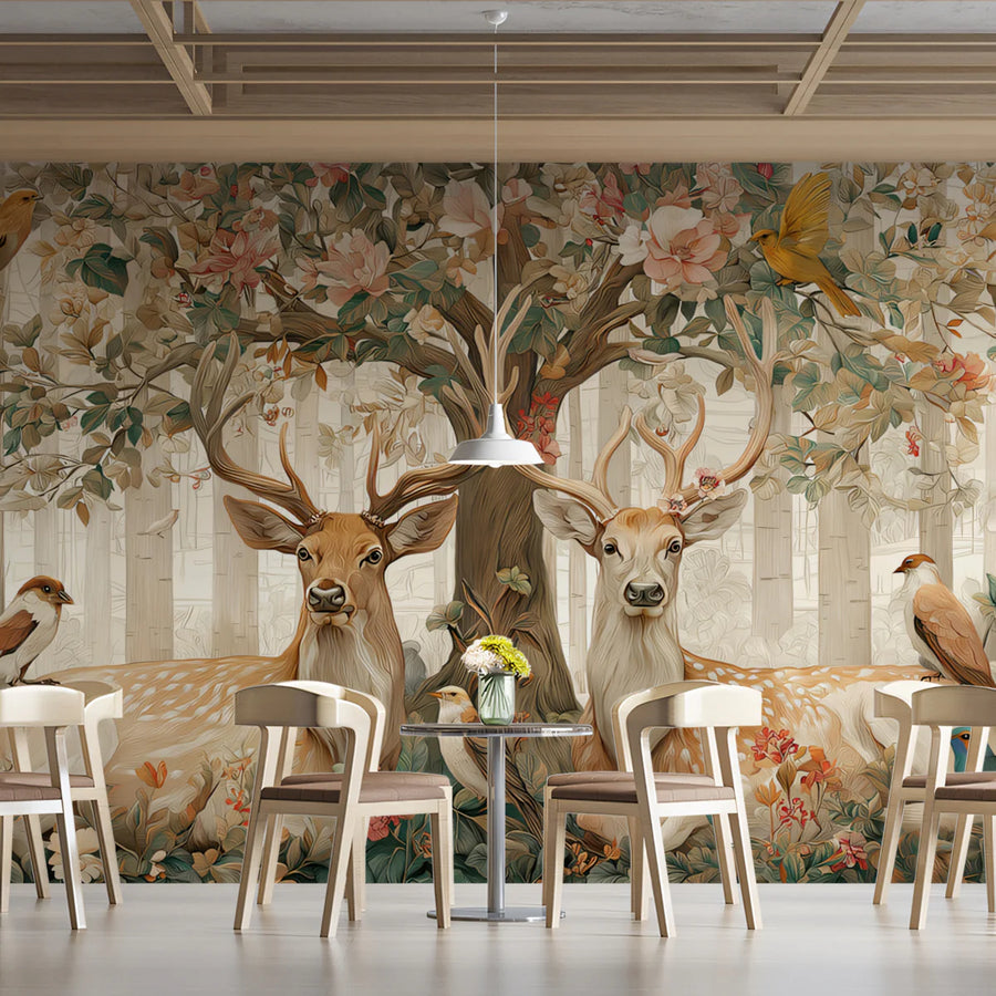Stag and Songbird Woodland Mural Wallpaper in Soft Earth Tones Mural Wallpaper