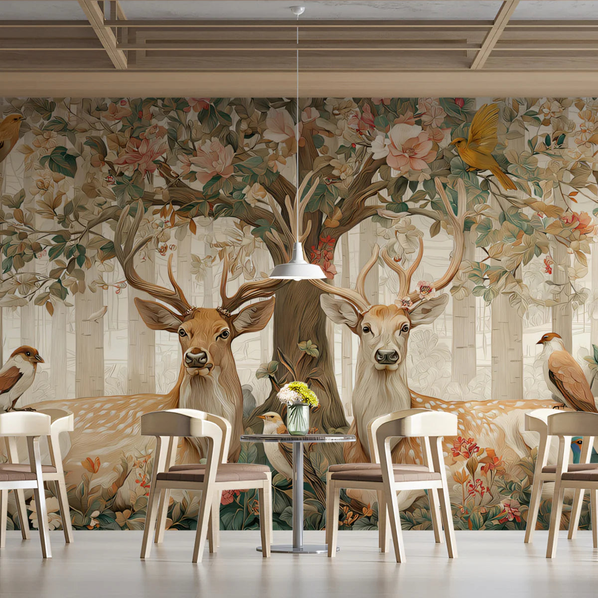 Stag and Songbird Woodland Mural Wallpaper in Soft Earth Tones Mural Wallpaper - pure wallpaper artwork
