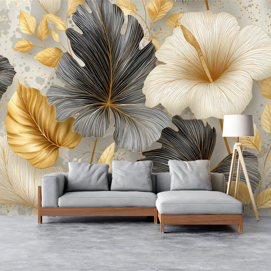 Gilded Tropical Floral Mural Wallpaper — Modern Metallic Leaf Decor Mural Wallpaper
