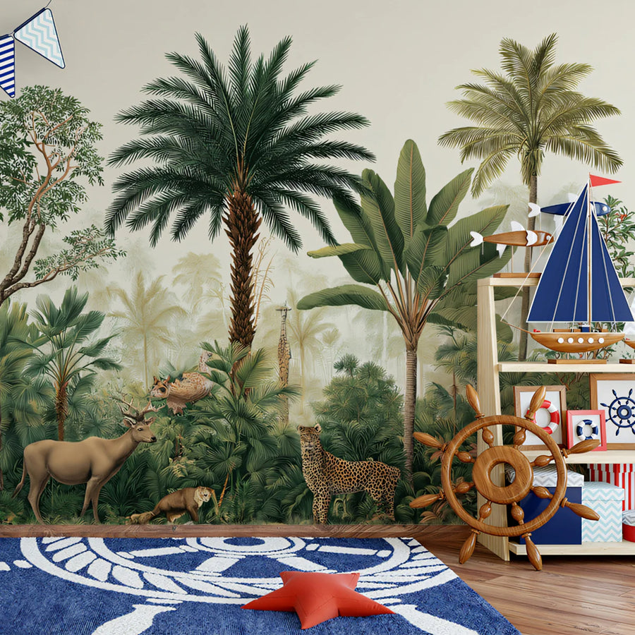Vintage Tropical Jungle Mural Wallpaper with Exotic Wildlife Mural Wallpaper