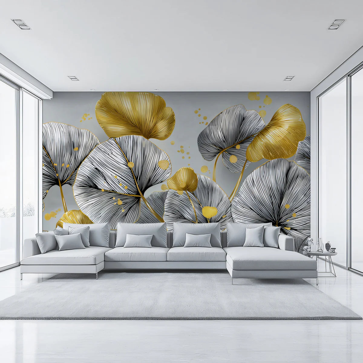 Gilded Round Leaf Botanical Mural Wallpaper — Modern Monochrome Mural Wallpaper - pure wallpaper artwork
