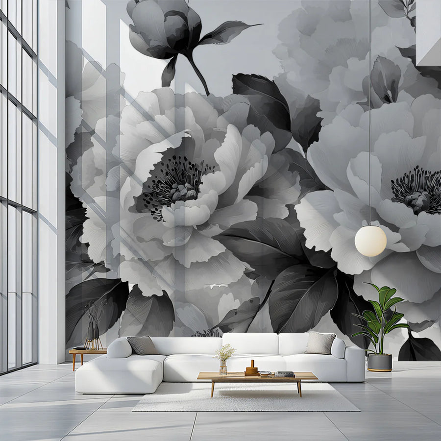 Monochrome Peony Bloom Mural Wallpaper — Artistic Floral Detail Mural Wallpaper