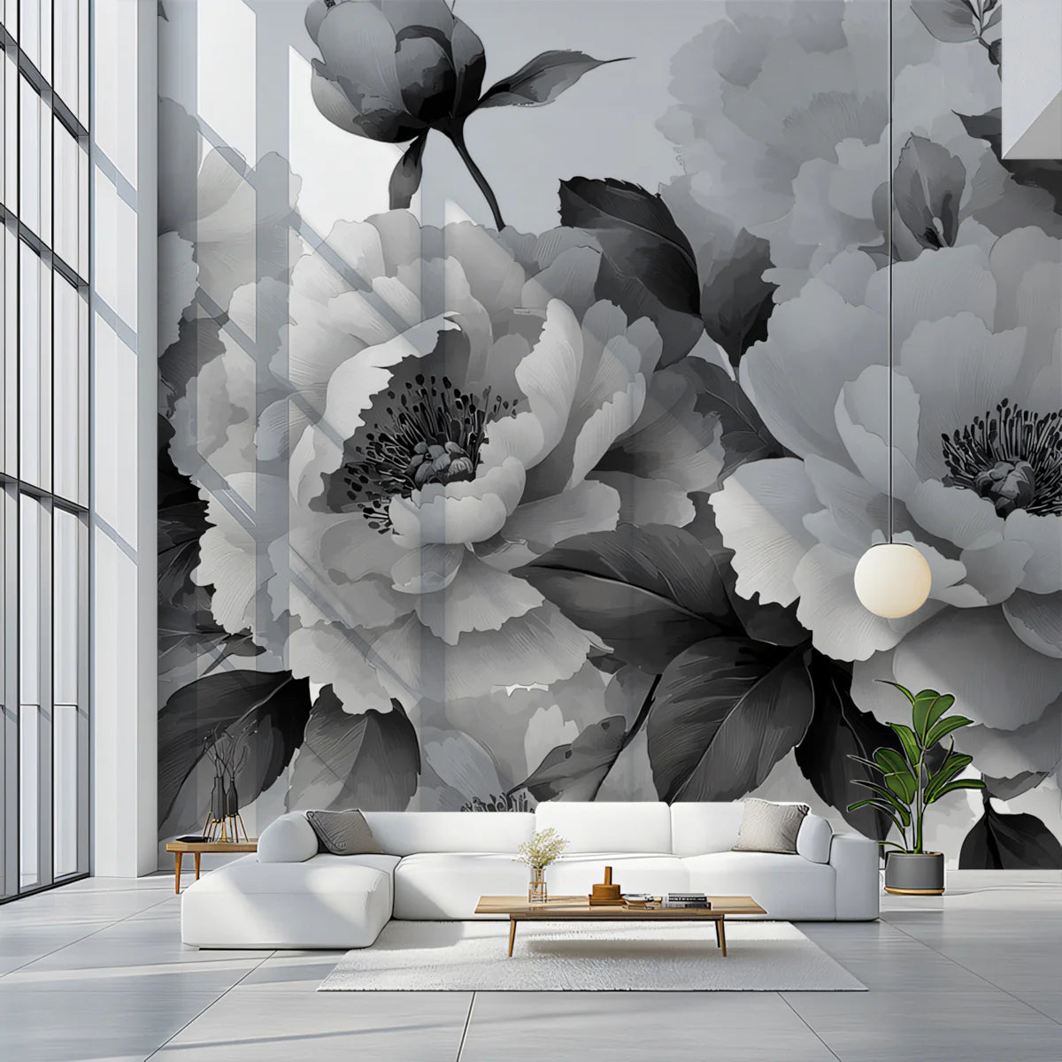 Monochrome Peony Bloom Mural Wallpaper — Artistic Floral Detail Mural Wallpaper - pure wallpaper artwork