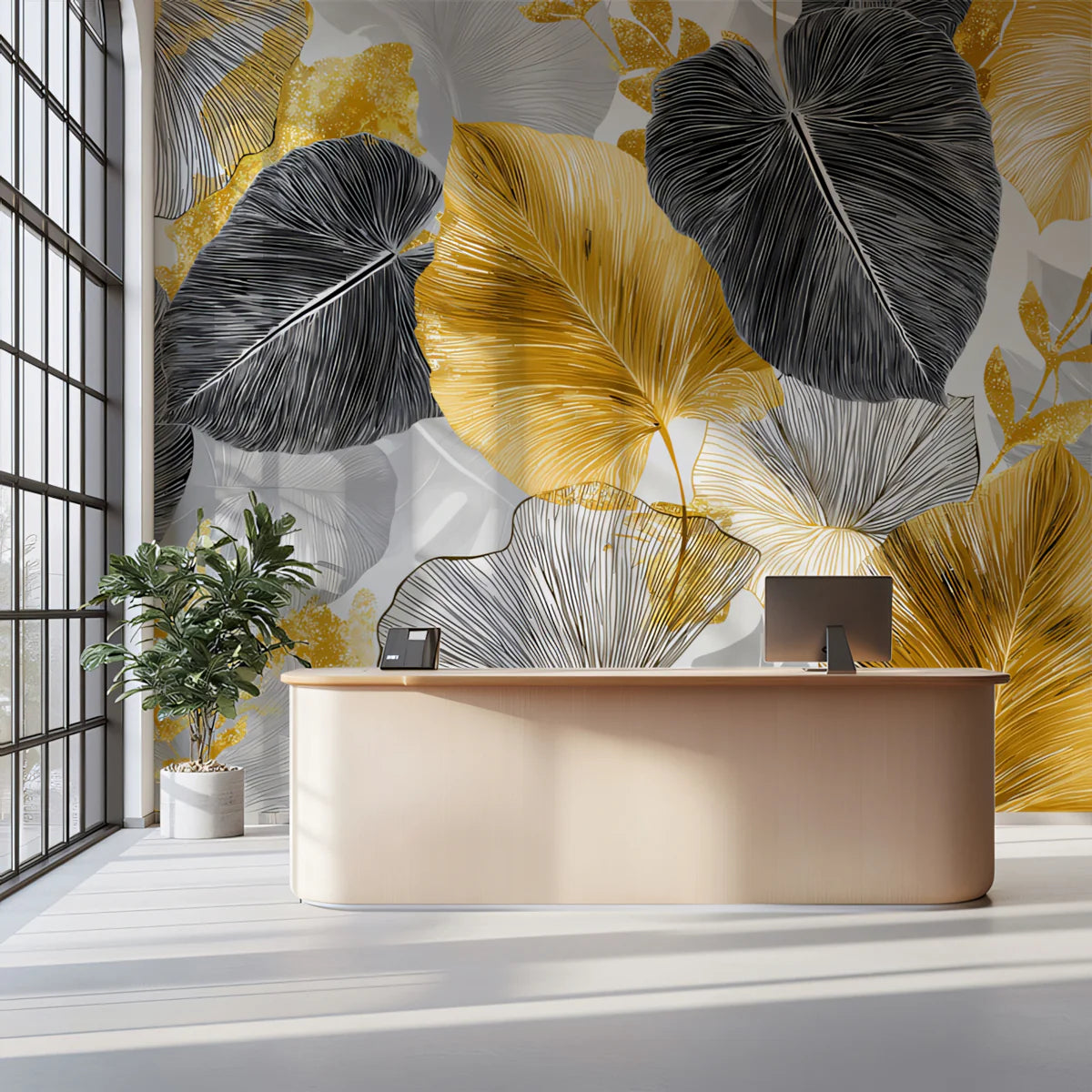 Gilded Tropical Foliage Mural Wallpaper — Modern Luxe Design Mural Wallpaper - pure wallpaper artwork
