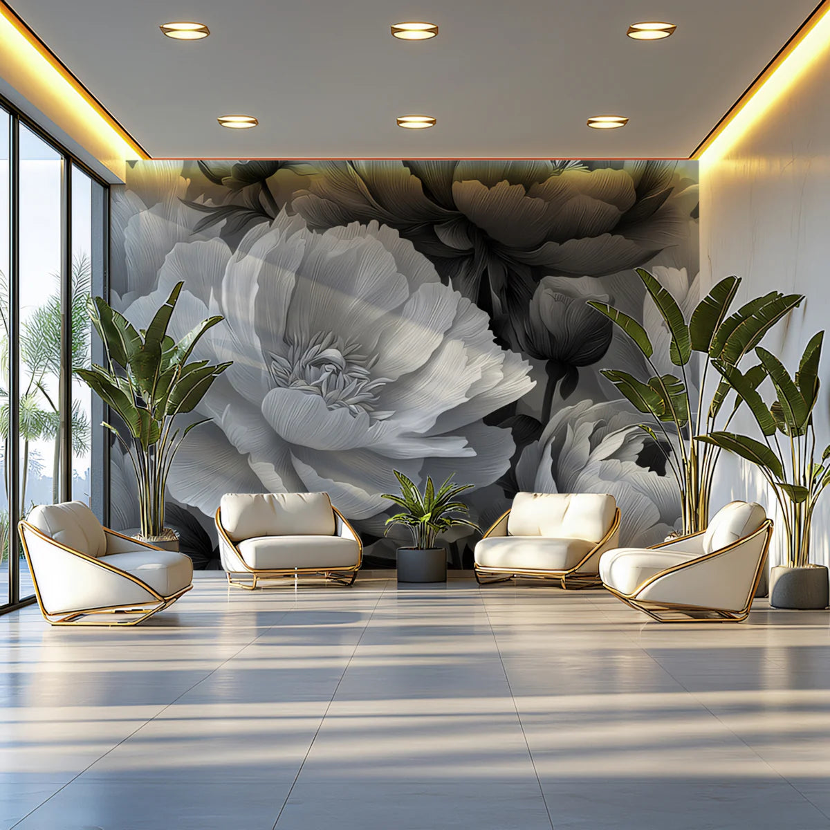 Monochrome Peony Bloom Mural Wallpaper — Dramatic Floral Wall Art Mural Wallpaper - pure wallpaper artwork