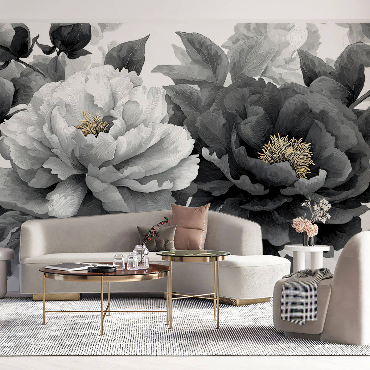 Monochrome Peony Floral Mural Wallpaper — Elegant Black and White Mural Wallpaper - pure wallpaper artwork