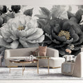 Monochrome Peony Floral Mural Wallpaper — Elegant Black and White Mural Wallpaper - pure wallpaper artwork