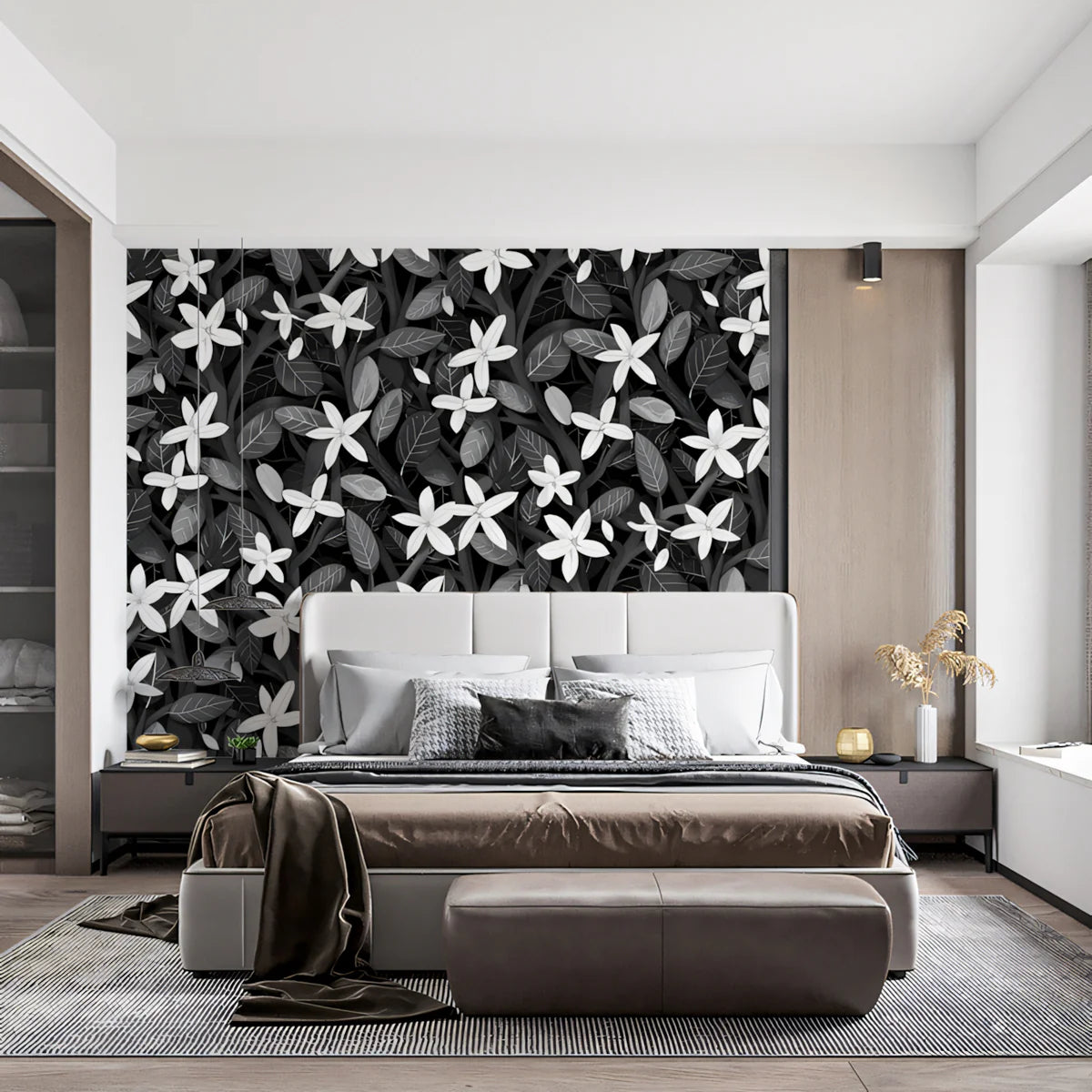 Jasmine Grove Mural Wallpaper — Monochromatic Floral Pattern Mural Wallpaper - pure wallpaper artwork