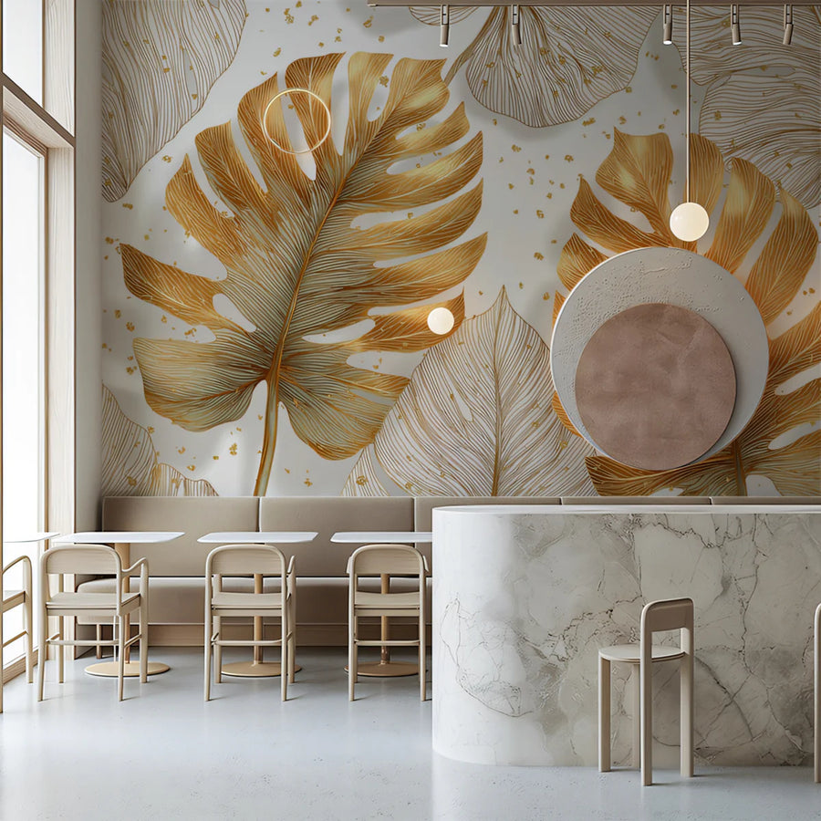 Gilded Monstera Leaf Mural Wallpaper — Modern Foliage Design Mural Wallpaper