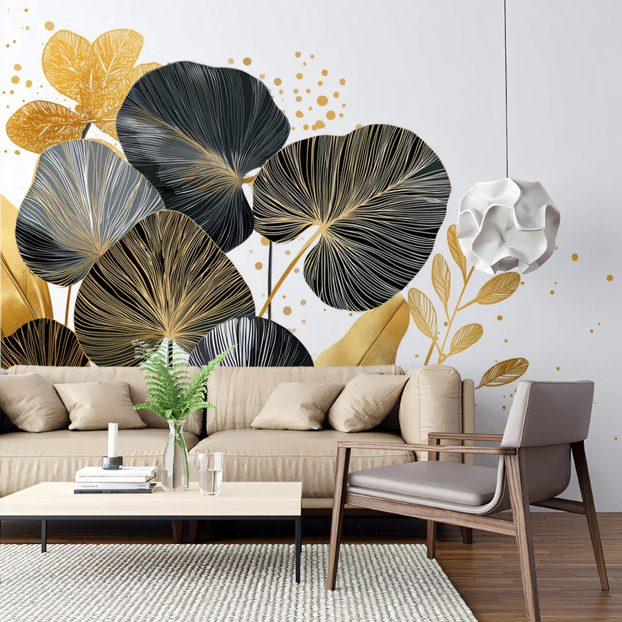 Gilded Botanical Leaf Mural Wallpaper — Modern Gold and Charcoal Mural Wallpaper