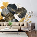 Gilded Botanical Leaf Mural Wallpaper — Modern Gold and Charcoal Mural Wallpaper - pure wallpaper artwork