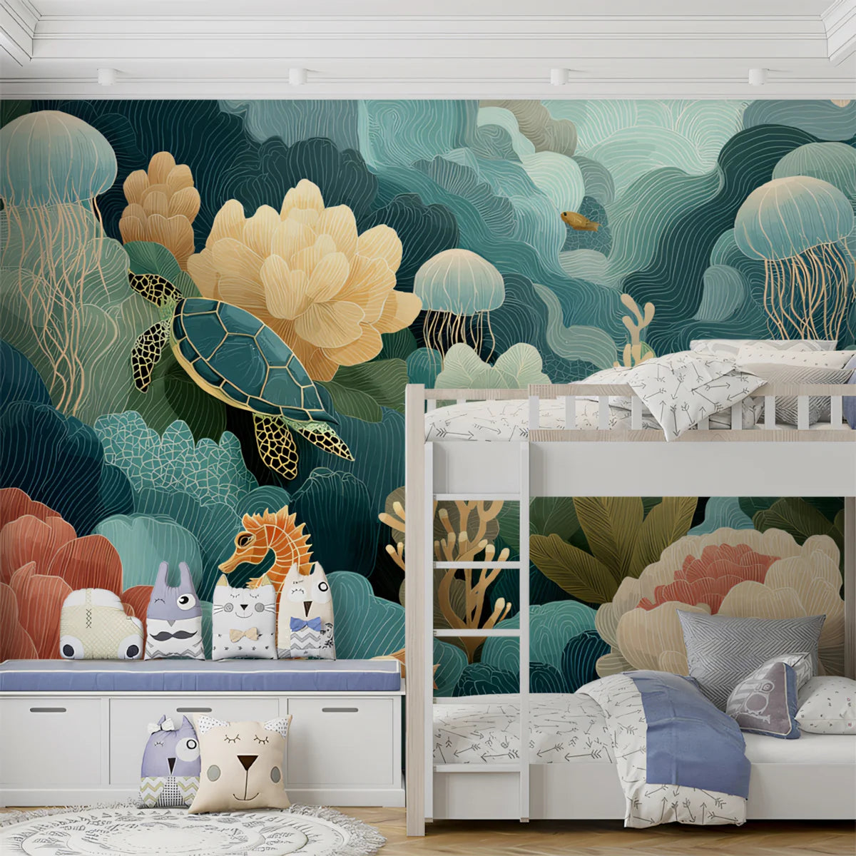 Underwater Garden Mural Wallpaper with Sea Turtle and Floral Motifs Mural Wallpaper - pure wallpaper artwork
