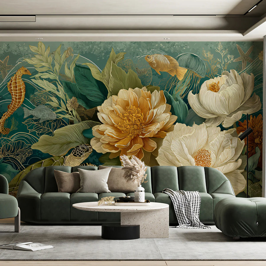 Golden Peonies and Sea Life Mural Wallpaper — Deep Teal Aquatic Scene Mural Wallpaper