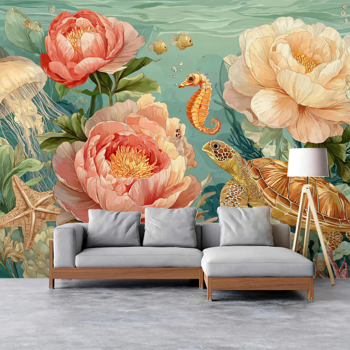 Underwater Garden Mural Wallpaper with Sea Turtle and Peony Florals Mural Wallpaper - pure wallpaper artwork