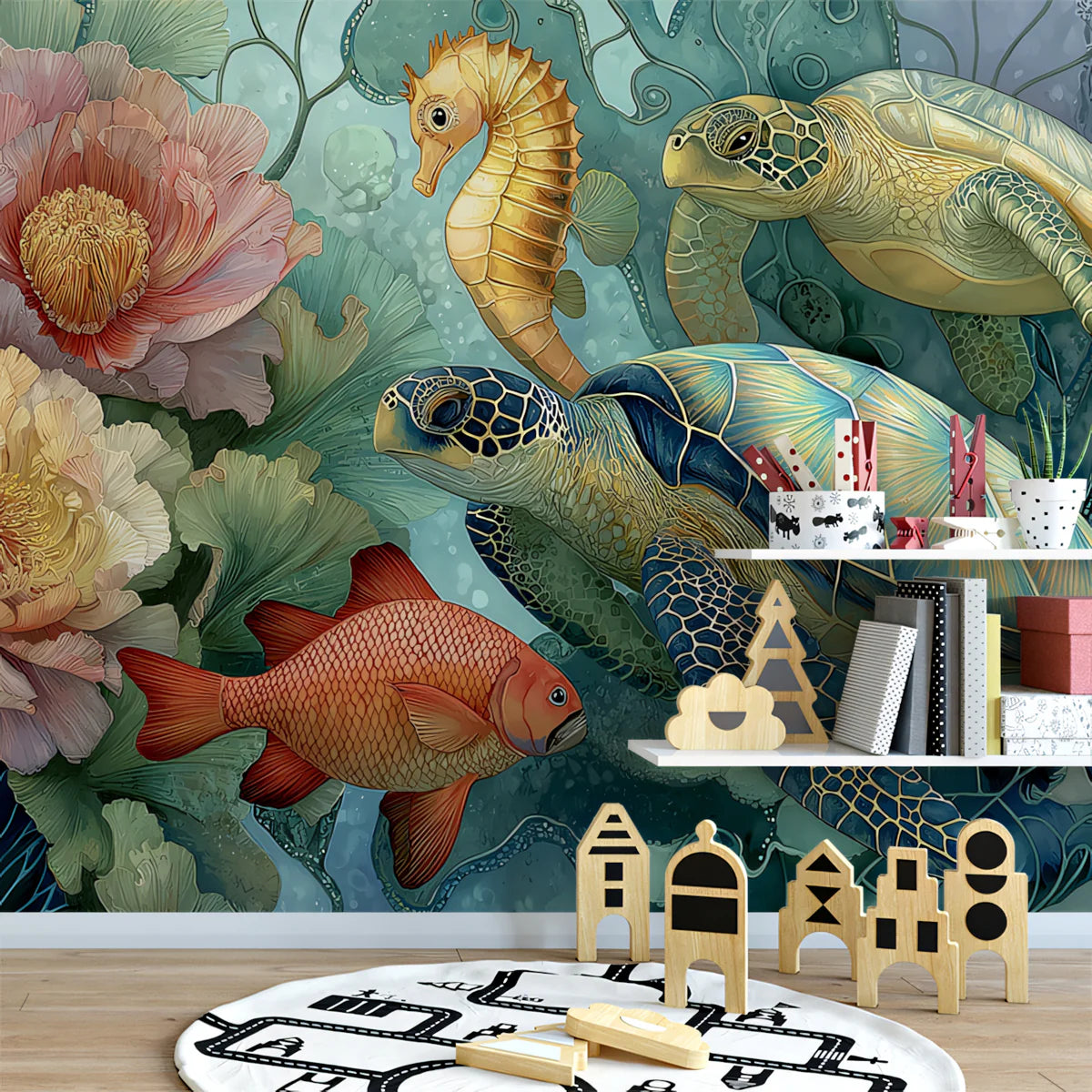 Abstract Sea Turtle Mural Wallpaper — Whimsical Ocean Motif Mural Wallpaper - pure wallpaper artwork