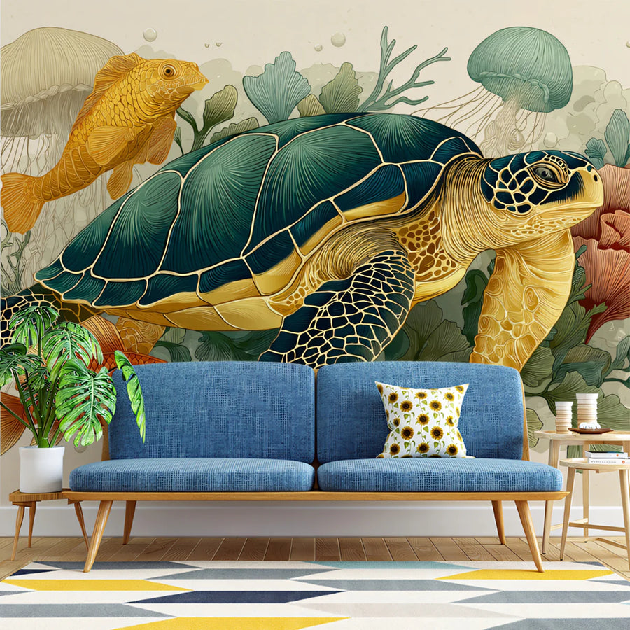 Underwater Sea Turtle Mural Wallpaper — Whimsical Marine Art Mural Wallpaper