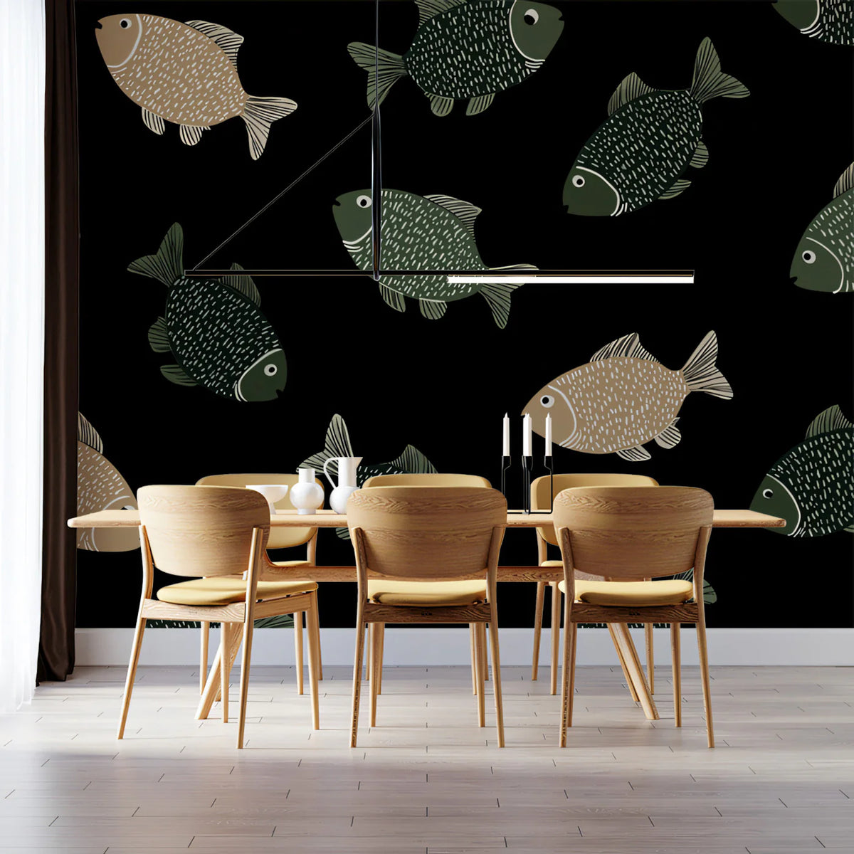 Stylish Fish Pattern Mural Wallpaper Modern Black & White Sea Life Mural Wallpaper - pure wallpaper artwork
