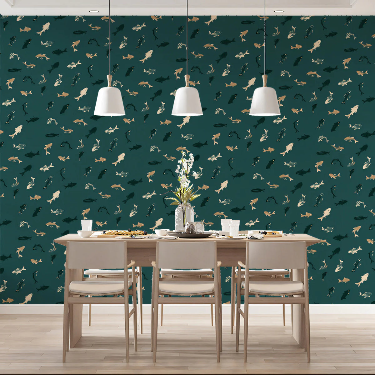 Abstract Shoal Fish Mural Wallpaper — Modern Deep Teal Marine Print Mural Wallpaper - pure wallpaper artwork