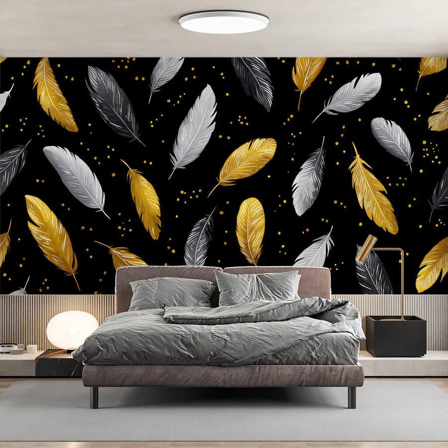 Floating Feather Mural Wallpaper — Gold and Silver Noir Pattern Mural Wallpaper
