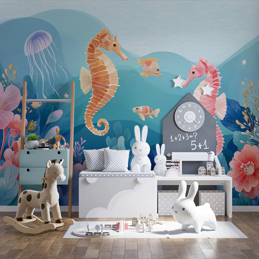 Whimsical Seahorse Garden Mural Wallpaper — Soft Pastel Marine Scene Mural Wallpaper